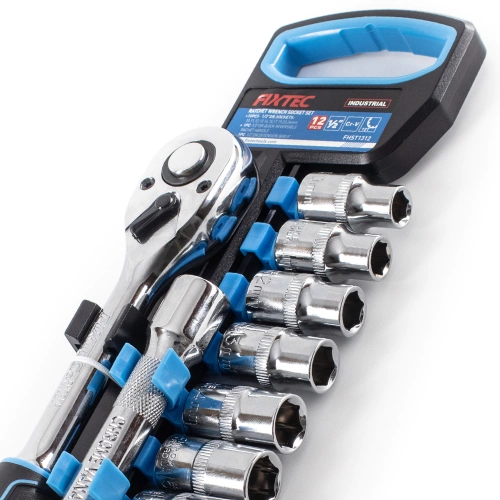 Zestaw kluczy nasadowych 12 elementów CR-V, Grzechotka 1/2" Fixtec