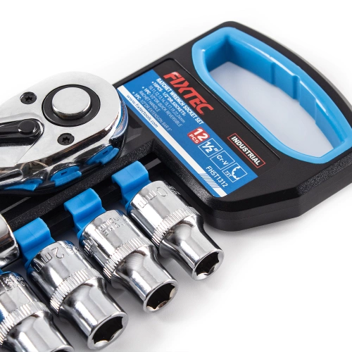 Zestaw kluczy nasadowych 12 elementów CR-V, Grzechotka 1/2" Fixtec